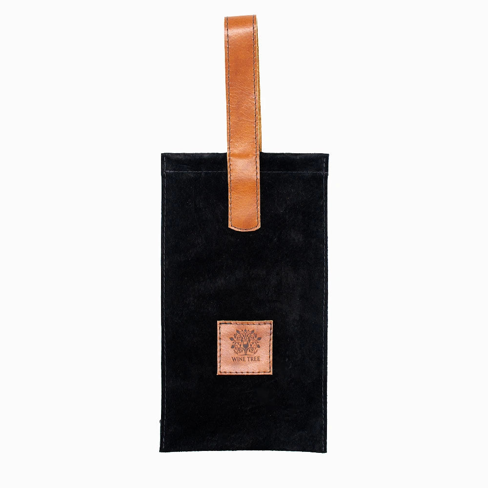 Bolsa de cuero negro para botellas de vino con un diseño clásico y minimalista, perfecta para eventos especiales.