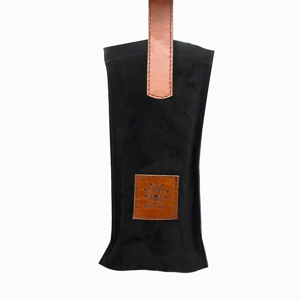 Bolsa de cuero negro 100% auténtico para botellas de vino, diseño sofisticado con asa reforzada y detalles en cuero café.