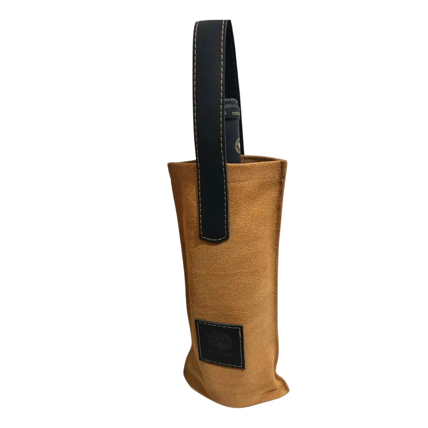 Bolsa de cuero 100% auténtico en color café, ideal para transportar botellas de vino con un estilo moderno y elegante.