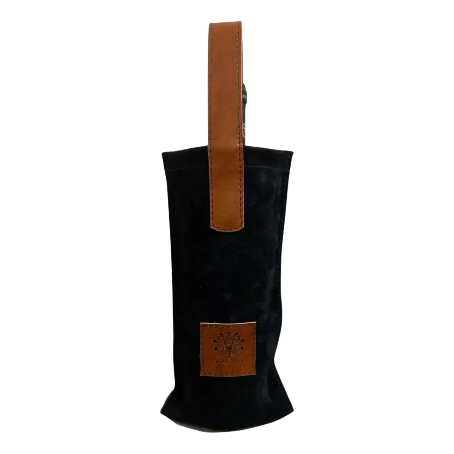 Bolsa de cuero genuino en color negro para botellas de vino, diseño sofisticado y resistente.