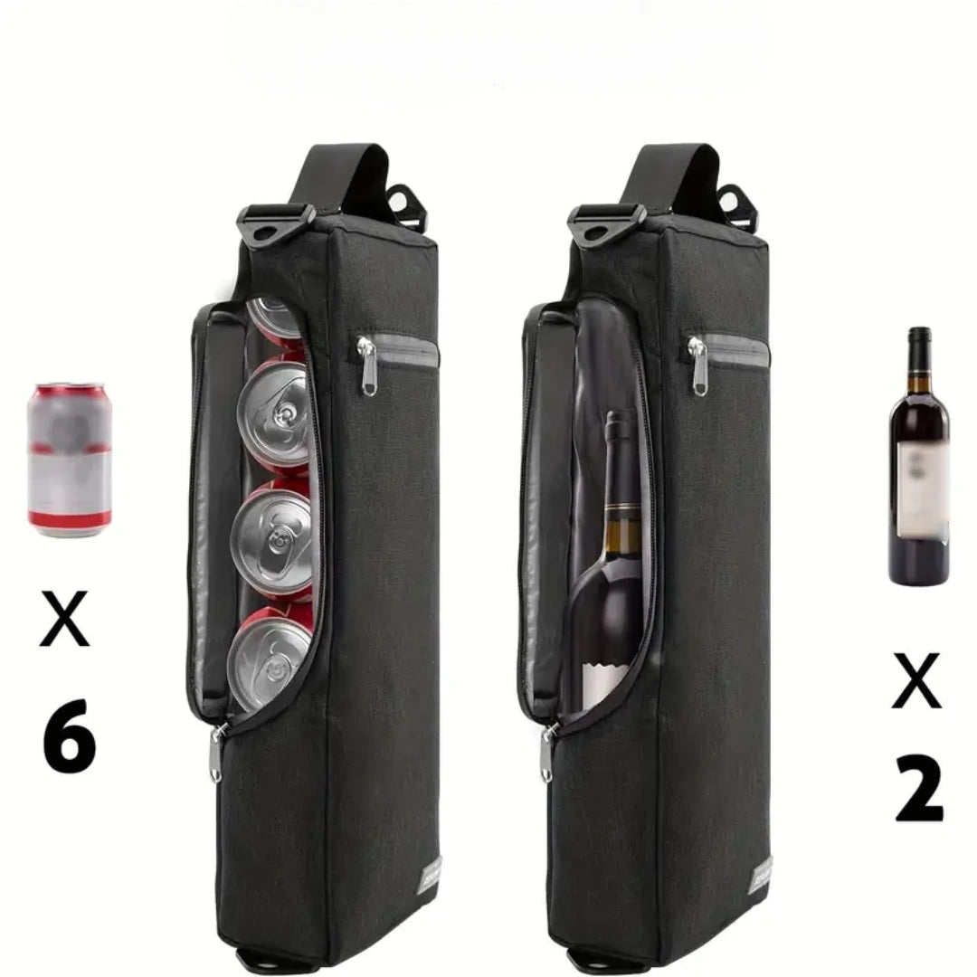 Vista detallada del bolso térmico para vino con compartimentos seguros, ideal para llevar diferentes tipos de bebidas.