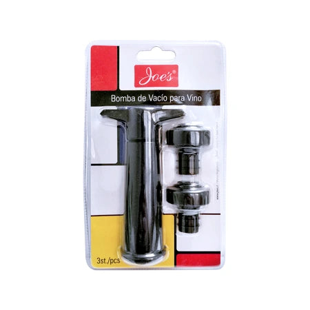 Bomba de vacío para botellas de vino con dos tapones de silicona reutilizables, diseño ergonómico y fácil de usar.