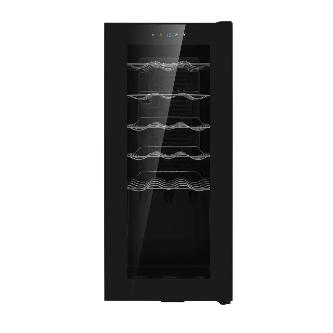 Cava para vinos con capacidad de 18 botellas, diseño compacto y elegante con puerta de vidrio.