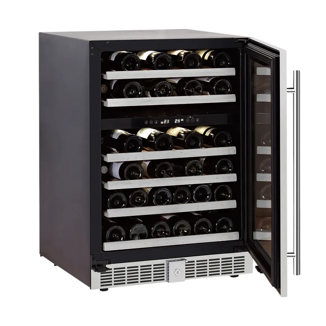 Cava para vinos de 46 botellas, diseño compacto con estantes ajustables y control digital de temperatura.
