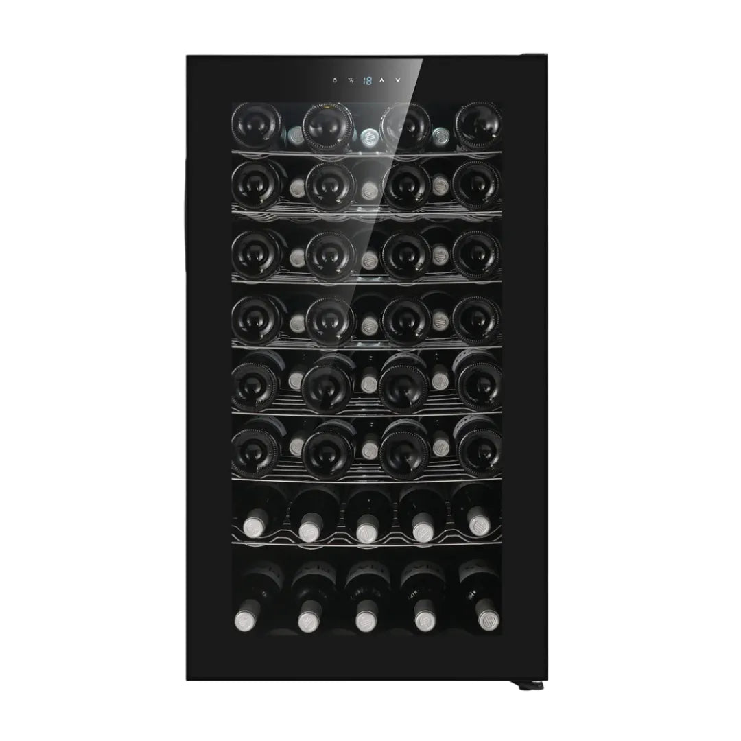 Cava para vinos con capacidad de 56 botellas, diseño elegante con puerta de vidrio y estructura resistente.