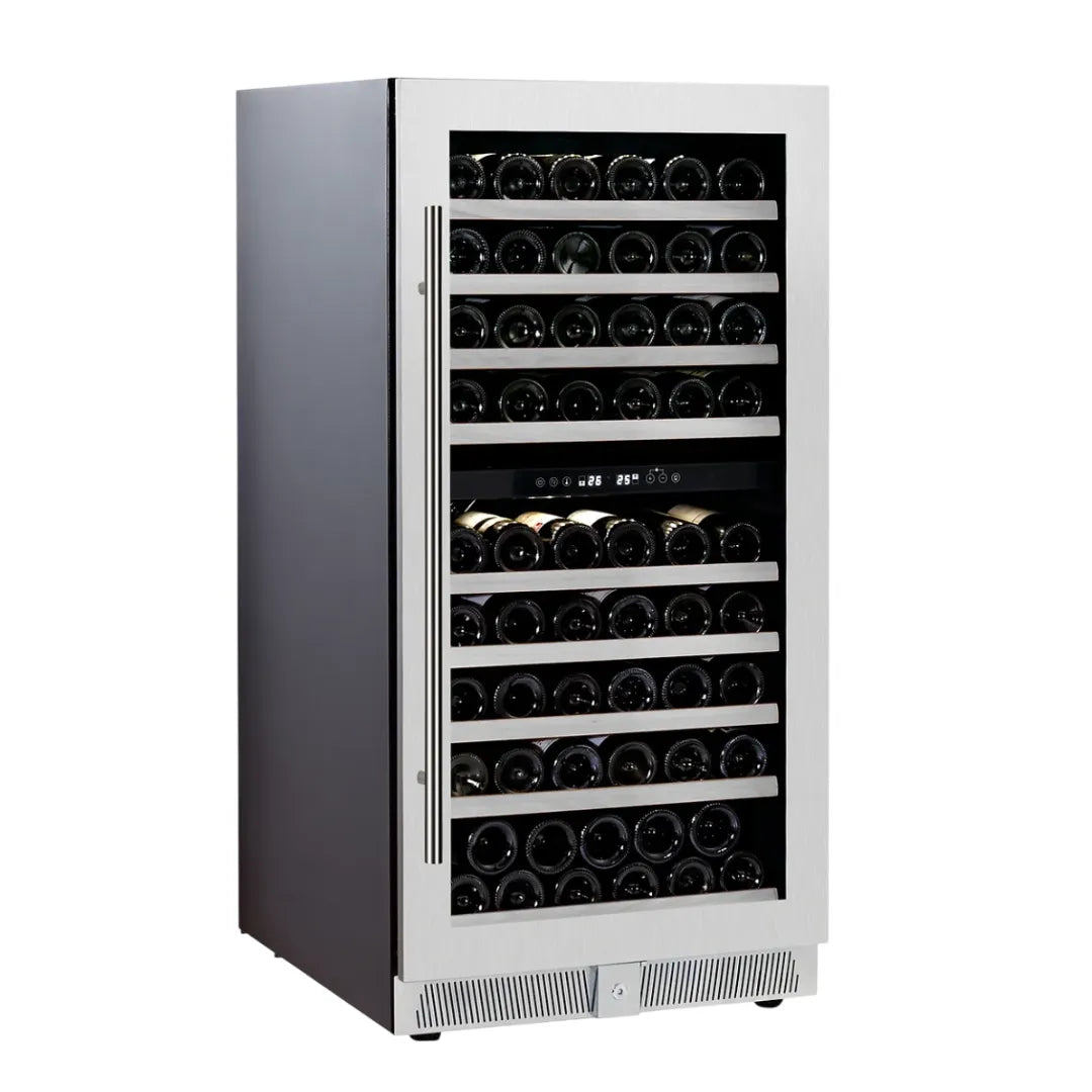 Cava para vinos con capacidad de hasta 99 botellas, diseño sofisticado con puerta de vidrio templado y estructura resistente.