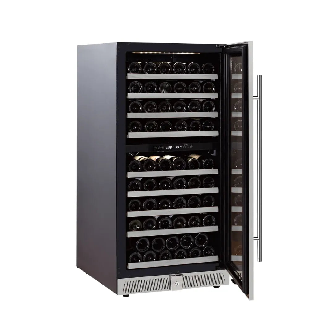 Vista lateral de la cava para vinos con capacidad de 99 botellas, estantes metálicos y puerta de doble aislamiento.