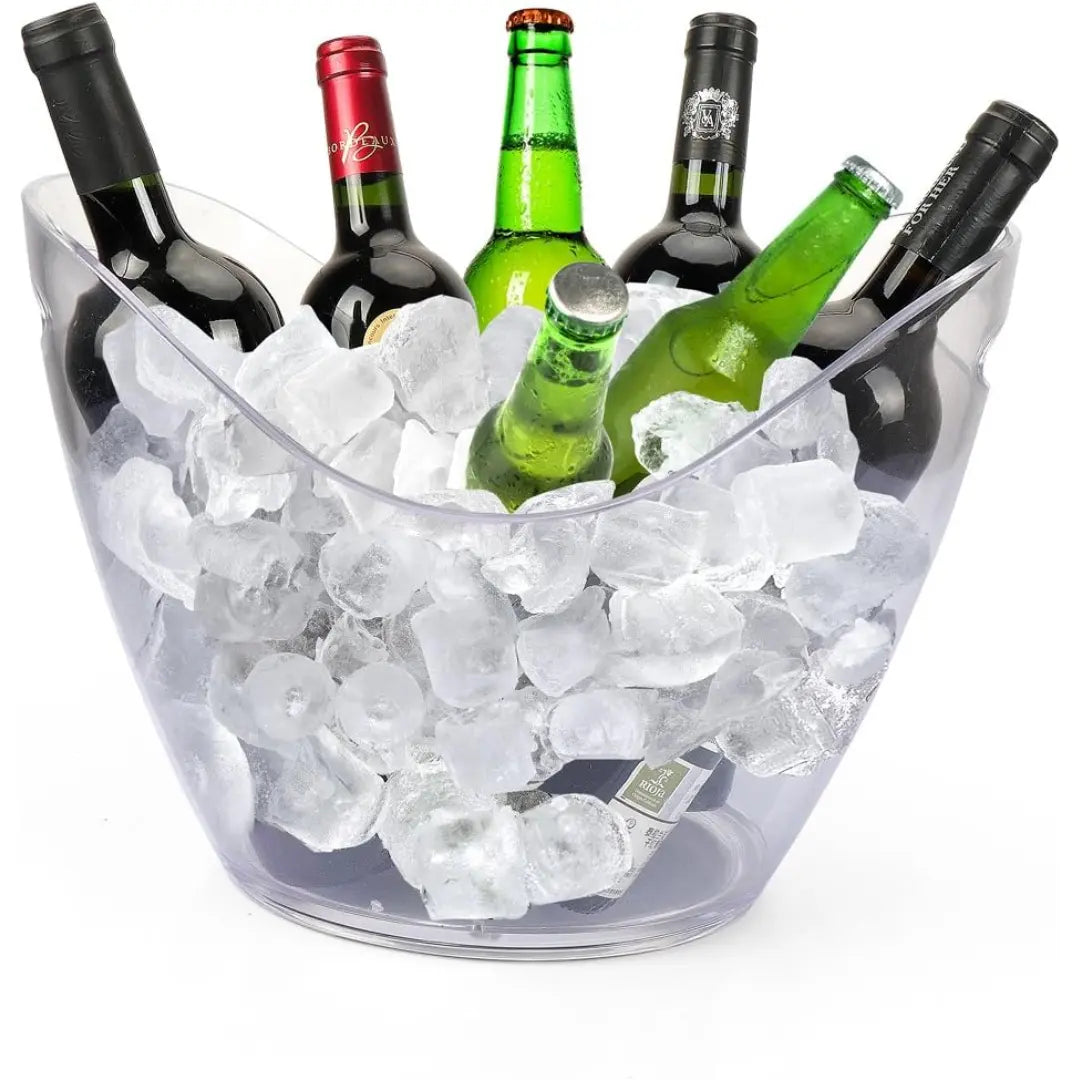 Cubitera ovalada transparente de 3 litros con dos mangos, ideal para enfriar botellas de vino y champagne en eventos.