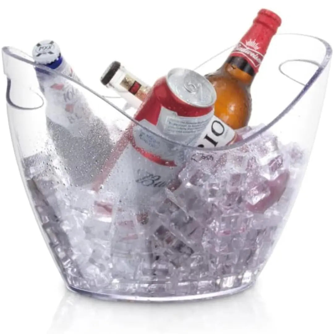 Cubitera ovalada transparente de 3 litros con dos mangos, perfecta para enfriar botellas de vino y champagne en reuniones.