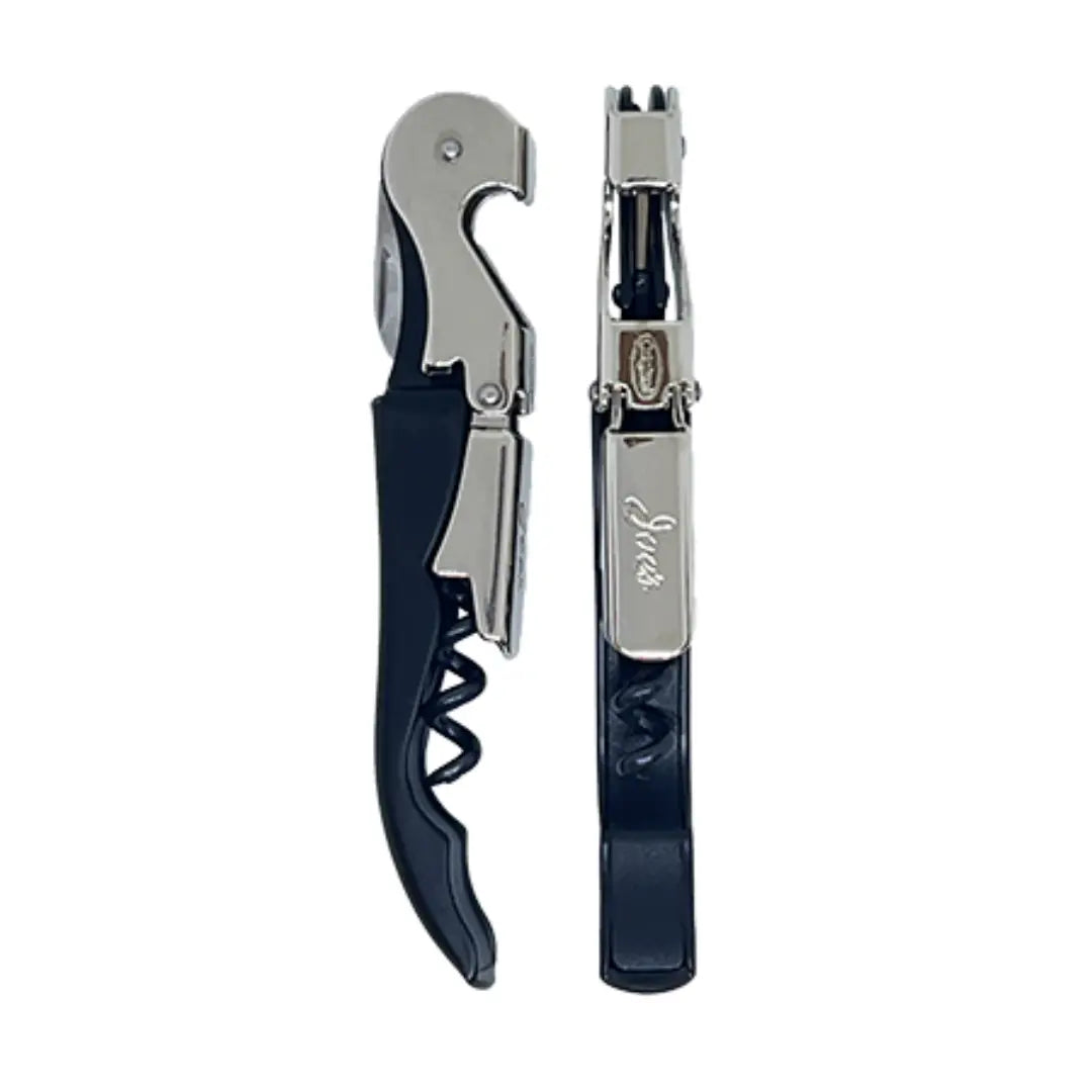 Descorchador de 2 tiempos profesional en color negro, diseño ergonómico ideal para sommeliers y amantes del vino.