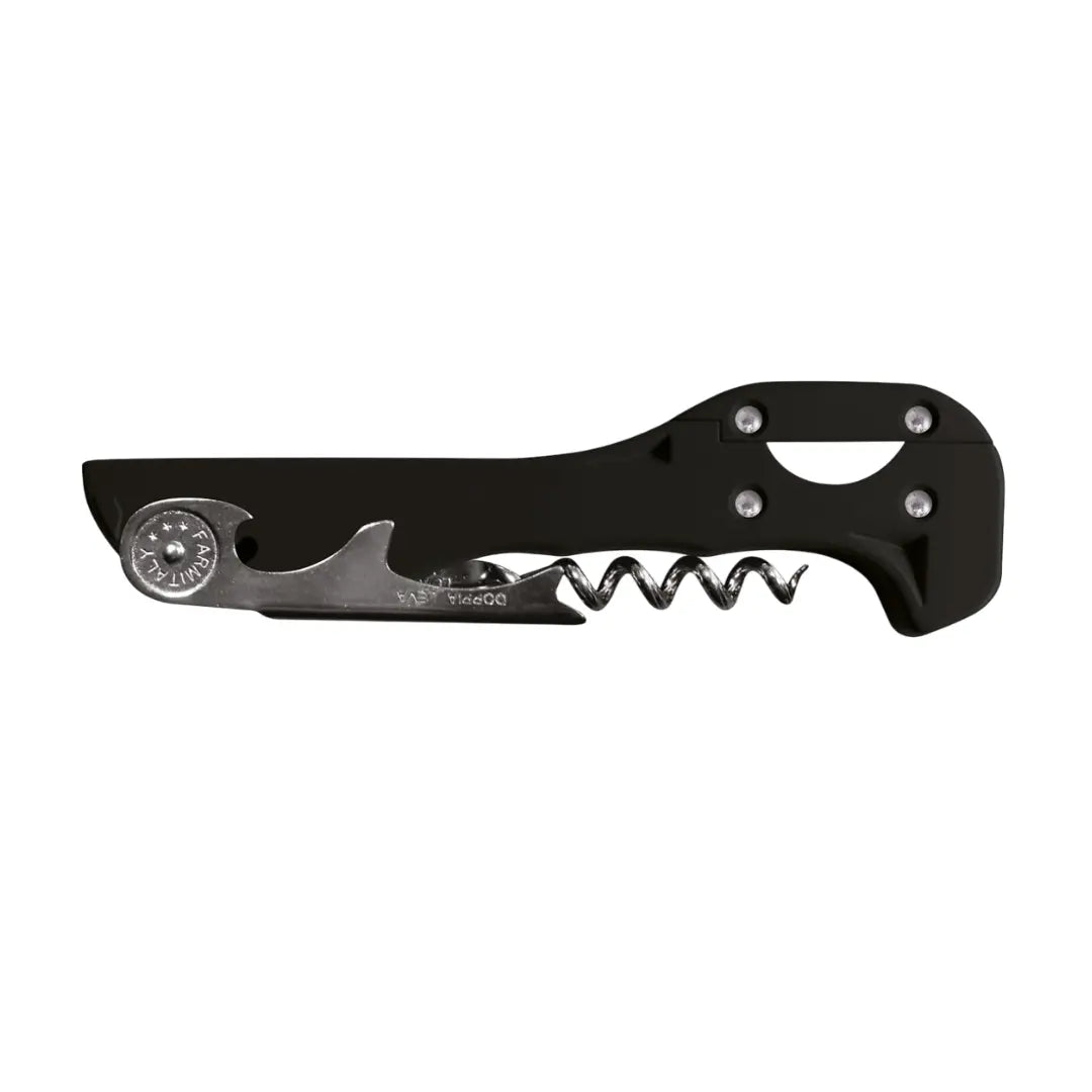 Descorchador sommelier Boomerang X-Tend black, fabricado en Italia, con doble apoyo para extraer corchos sin esfuerzo.