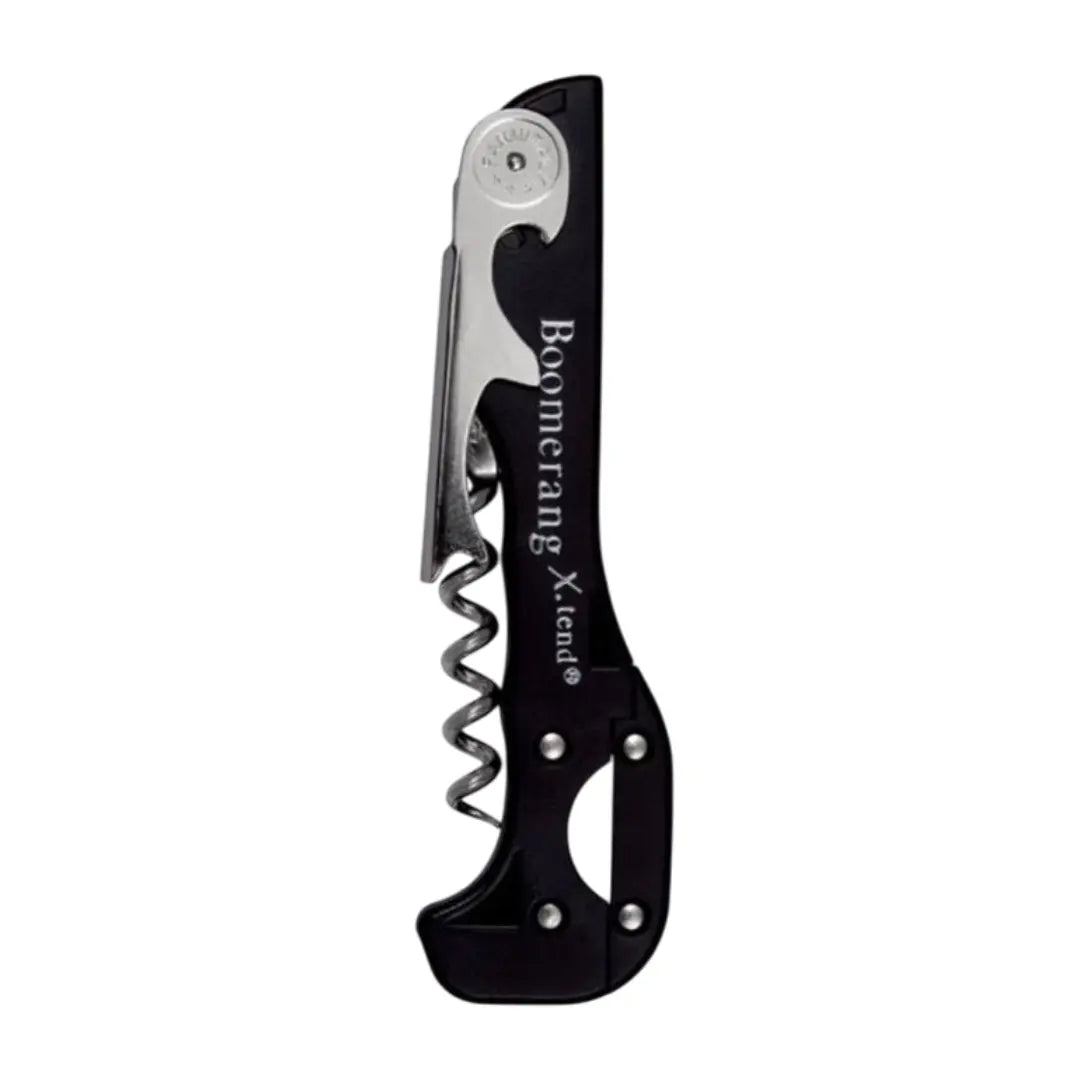 Descorchador sommelier Boomerang X-Tend negro, fabricado en Italia, con doble apoyo para extraer corchos sin esfuerzo.