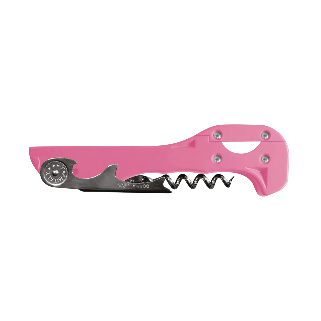 Descorchador de doble apoyo Boomerang X-Tend rosa, diseñado en Italia para una apertura rápida y sin esfuerzo.