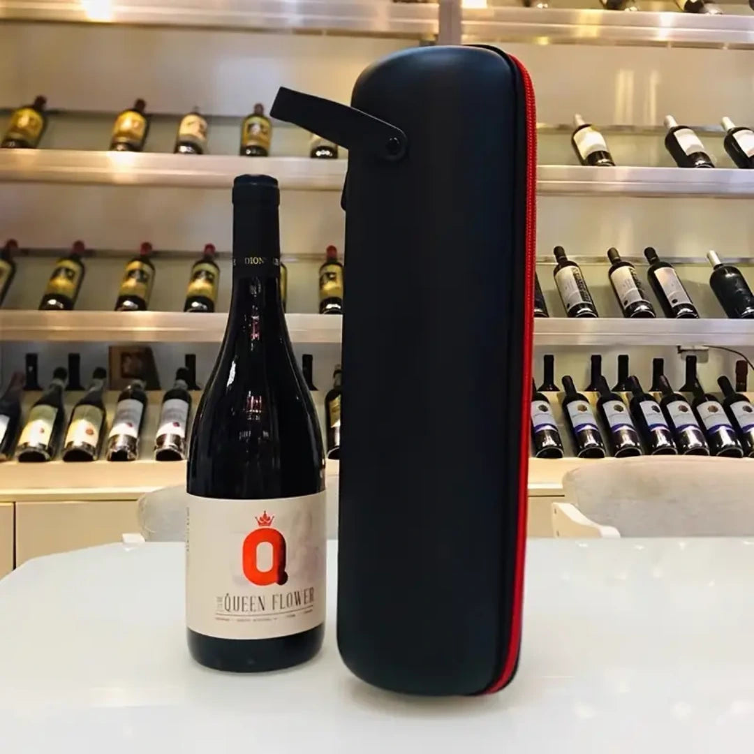 Maletín rígido para transportar botellas de vino, con interior acolchado para mayor protección.