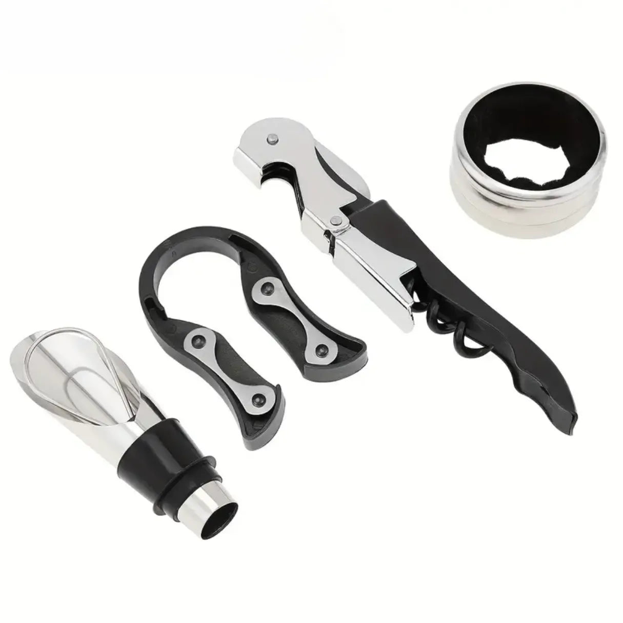 Kit básico de accesorios para vino, herramientas esenciales para abrir, servir y disfrutar cada botella con elegancia.