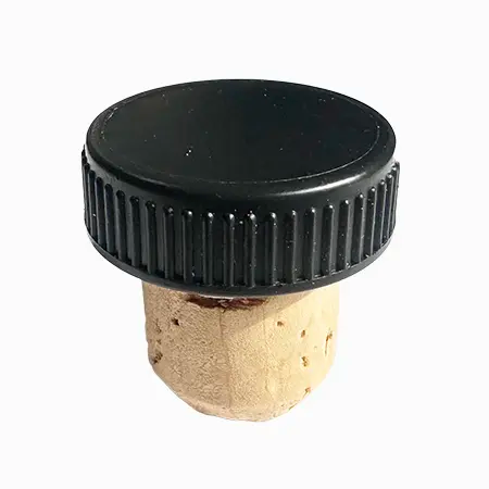 Pack de 5 tapones para vino con corcho y plástico negro, diseño hermético para conservar la frescura del vino.