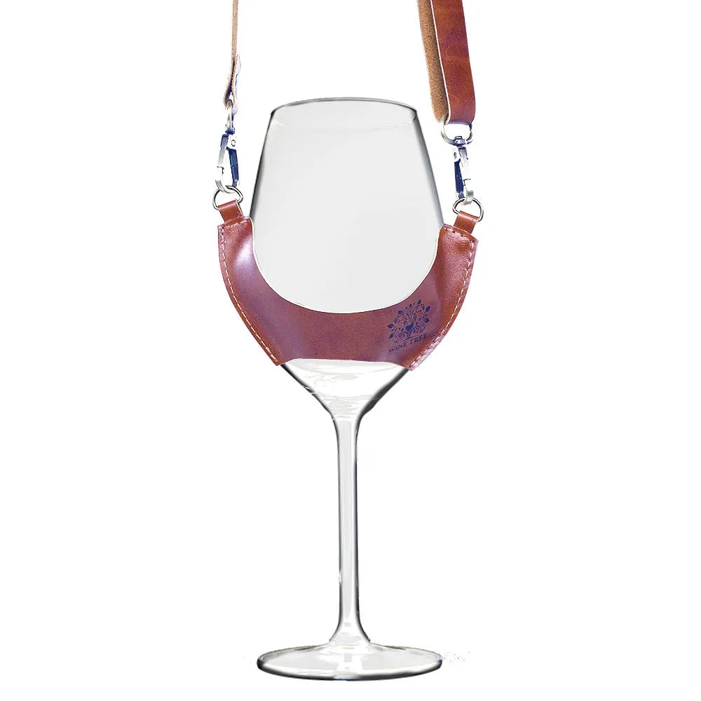 Porta copas de cuero natural, ideal para vendimias y catas de vino, diseño artesanal y resistente.
