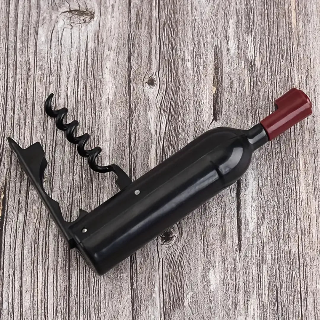 Sacacorchos con diseño de botella, incluye imán y abridor de latas, ideal para abrir vinos y cervezas con facilidad.