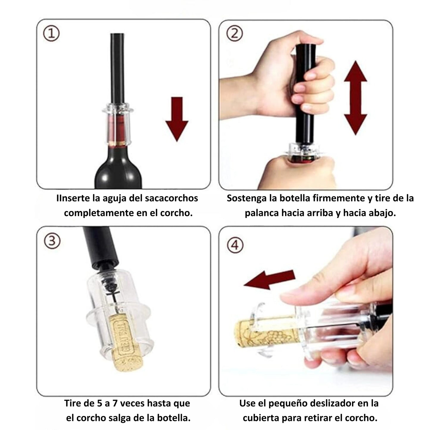 Sacacorchos manual de presión, diseñado para una apertura rápida y sin esfuerzo de botellas de vino.