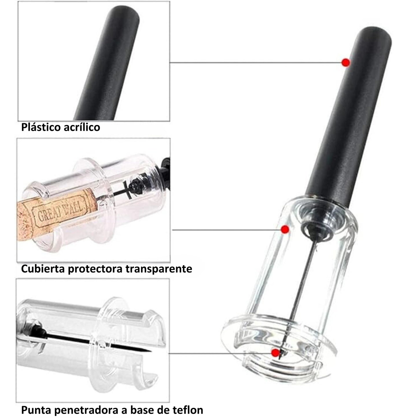 Sacacorchos de presión manual en acero inoxidable, diseño duradero y funcional para cualquier amante del vino.
