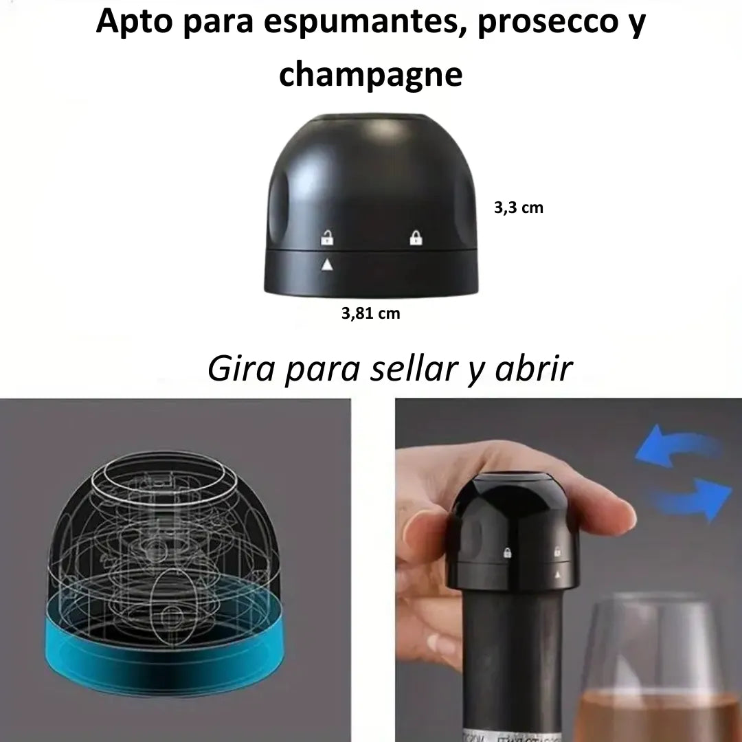Sellador al vacío premium para espumantes y champagne, ideal para conservar su sabor y efervescencia.
