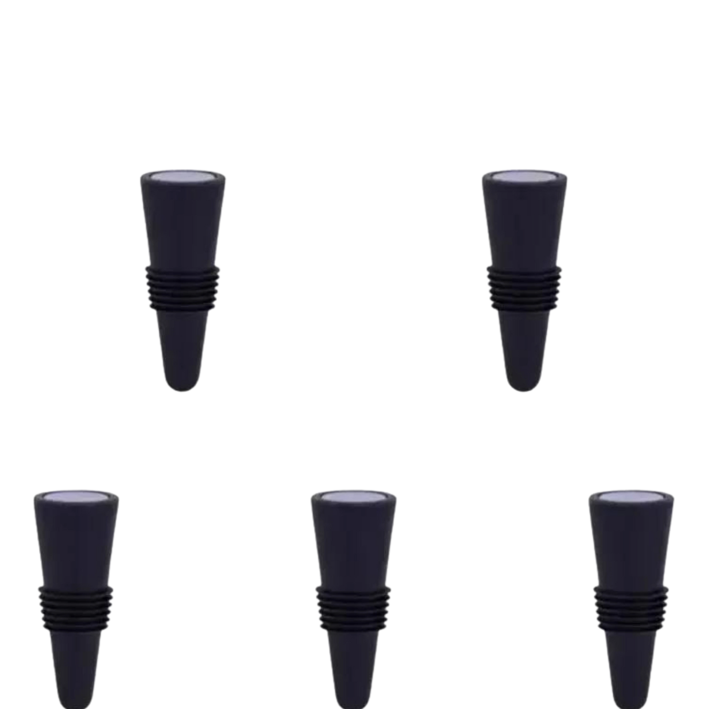 Set de 5 tapones de silicona para botellas de vino, diseño hermético que conserva la frescura y evita derrames.