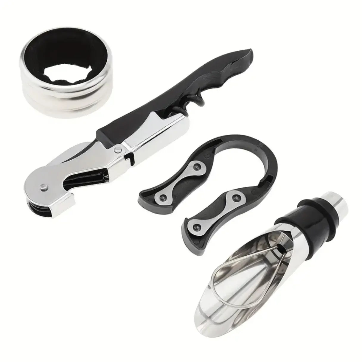 Set de accesorios para vino Basic, incluye sacacorchos, anillo antigoteo y vertedor para una experiencia de degustación completa.