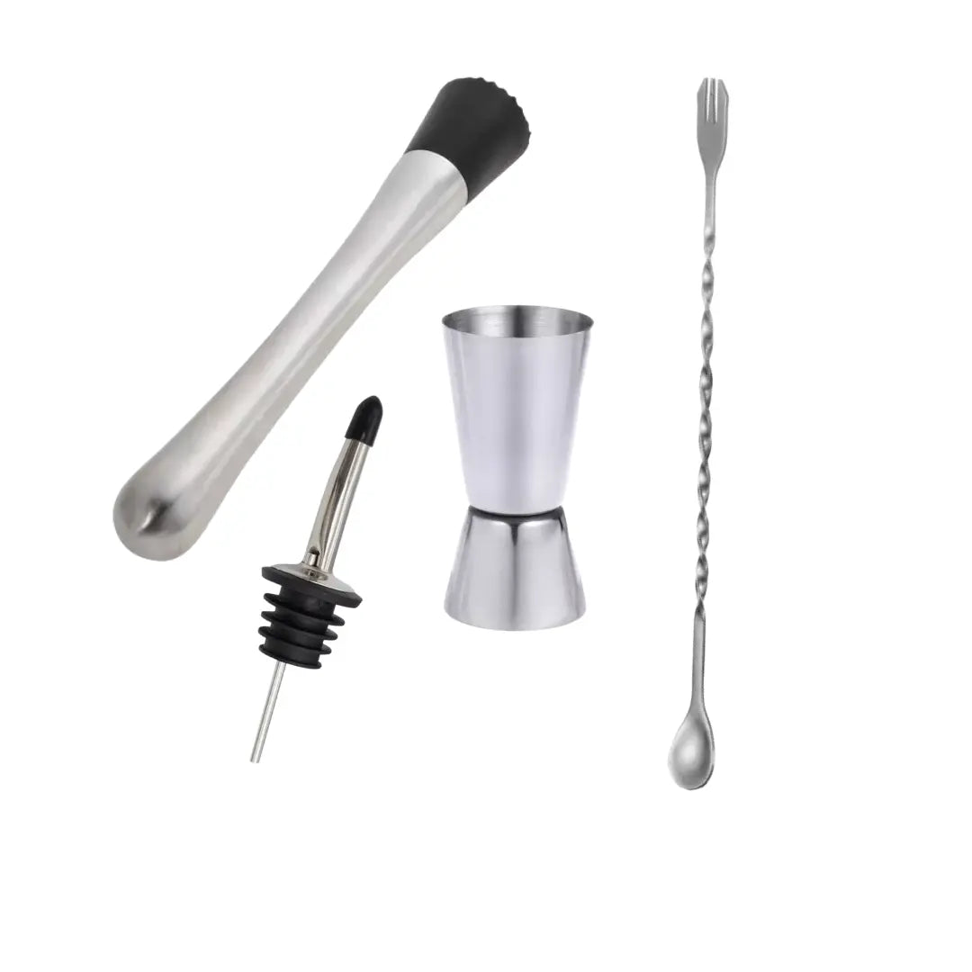 Set de bartender profesional con accesorios para elaborar mojitos y cócteles, ideal para entusiastas y expertos en mixología.