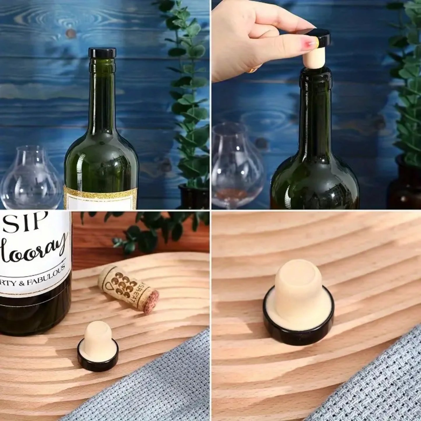 Set de tapones de silicona para vino con parte superior negra, diseño hermético que conserva la frescura.