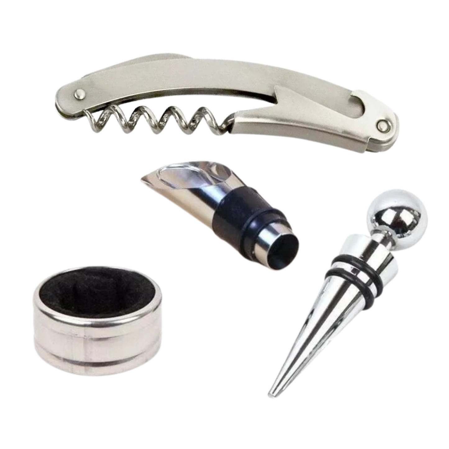 Set de accesorios para vino con sacacorchos, anillo antigoteo, tapón, termómetro y cortacápsulas, ideal para disfrutar y conservar el vino con elegancia.