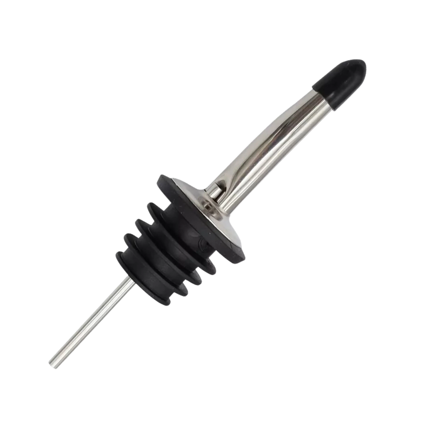 Tapón vertedor con cuerpo de acero y base de silicona negra, diseñado para un servicio profesional y limpio.