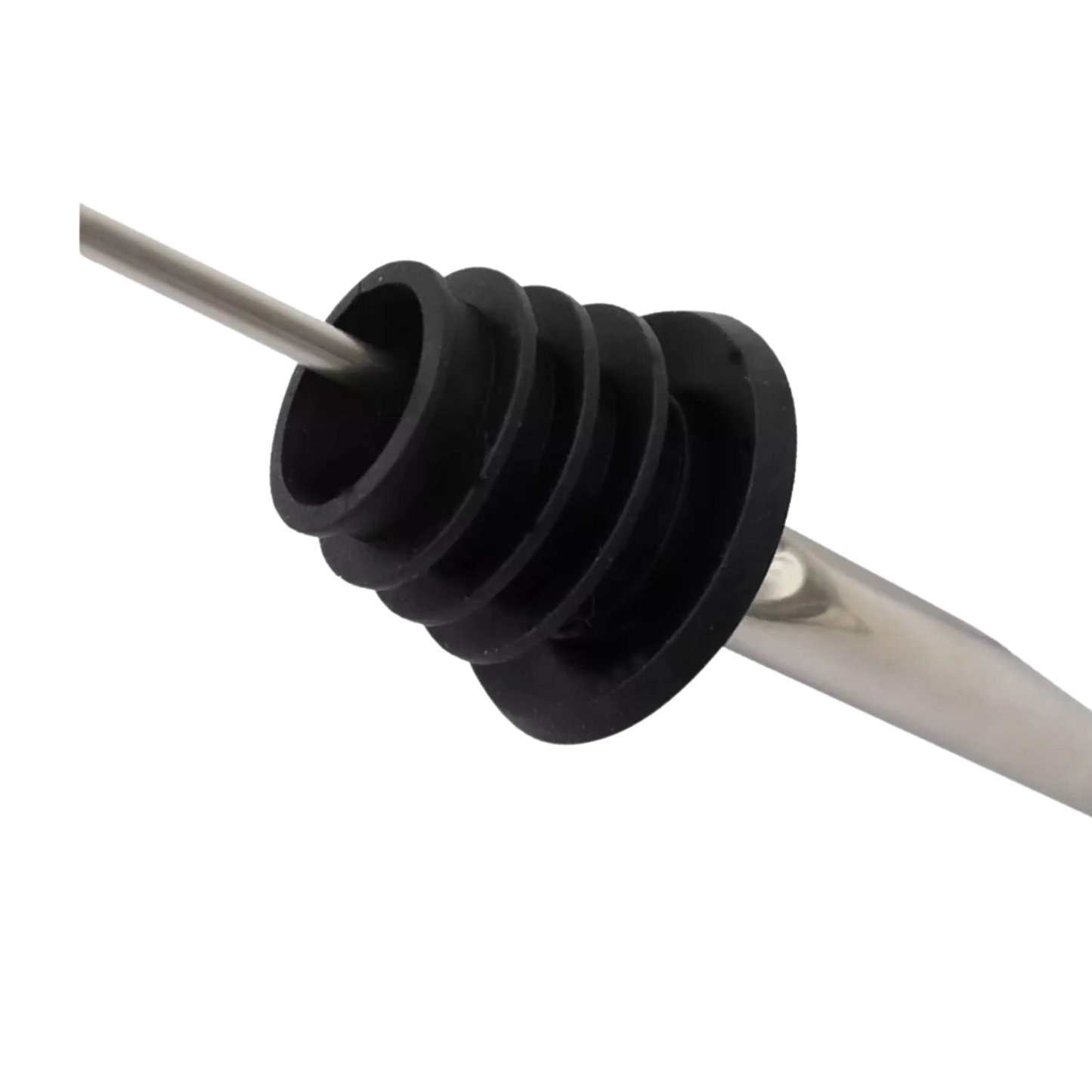 Tapón vertedor antigoteo en acero inoxidable con base de silicona negra, ideal para vino y licores.