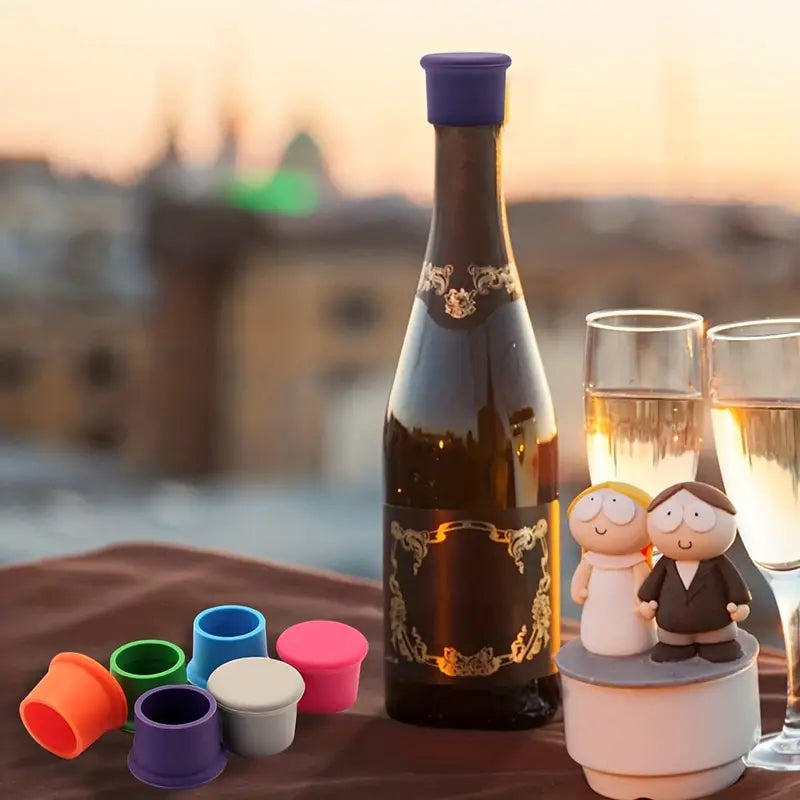 Tapones de silicona gris reutilizables para vino, perfectos para evitar fugas y conservar el aroma de cada botella.