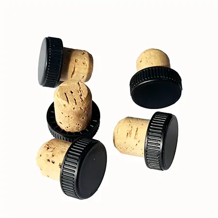 Tapones para vino con base de corcho y tapa de plástico negro, pack de 5 unidades para un sellado seguro y elegante.
