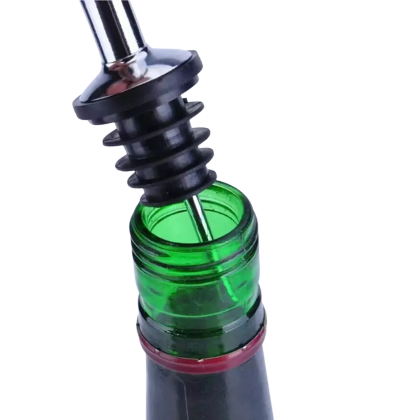 Vertedor dosificador de precisión para botellas de vino y licores, permite un control de flujo sin derrames.