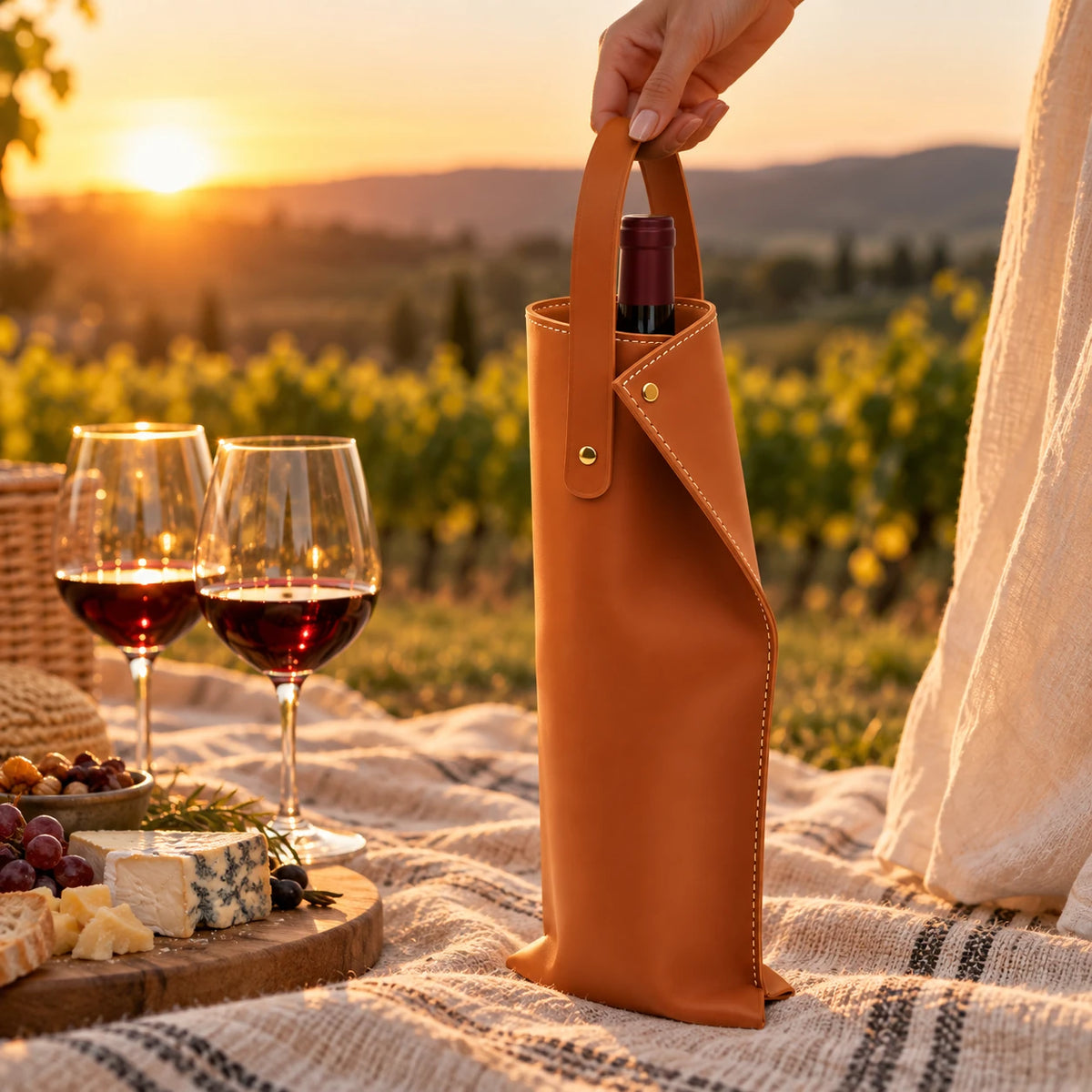 Café - Bolsa de ecocuero café con una botella de vino en un picnic en el viñedo al atardecer