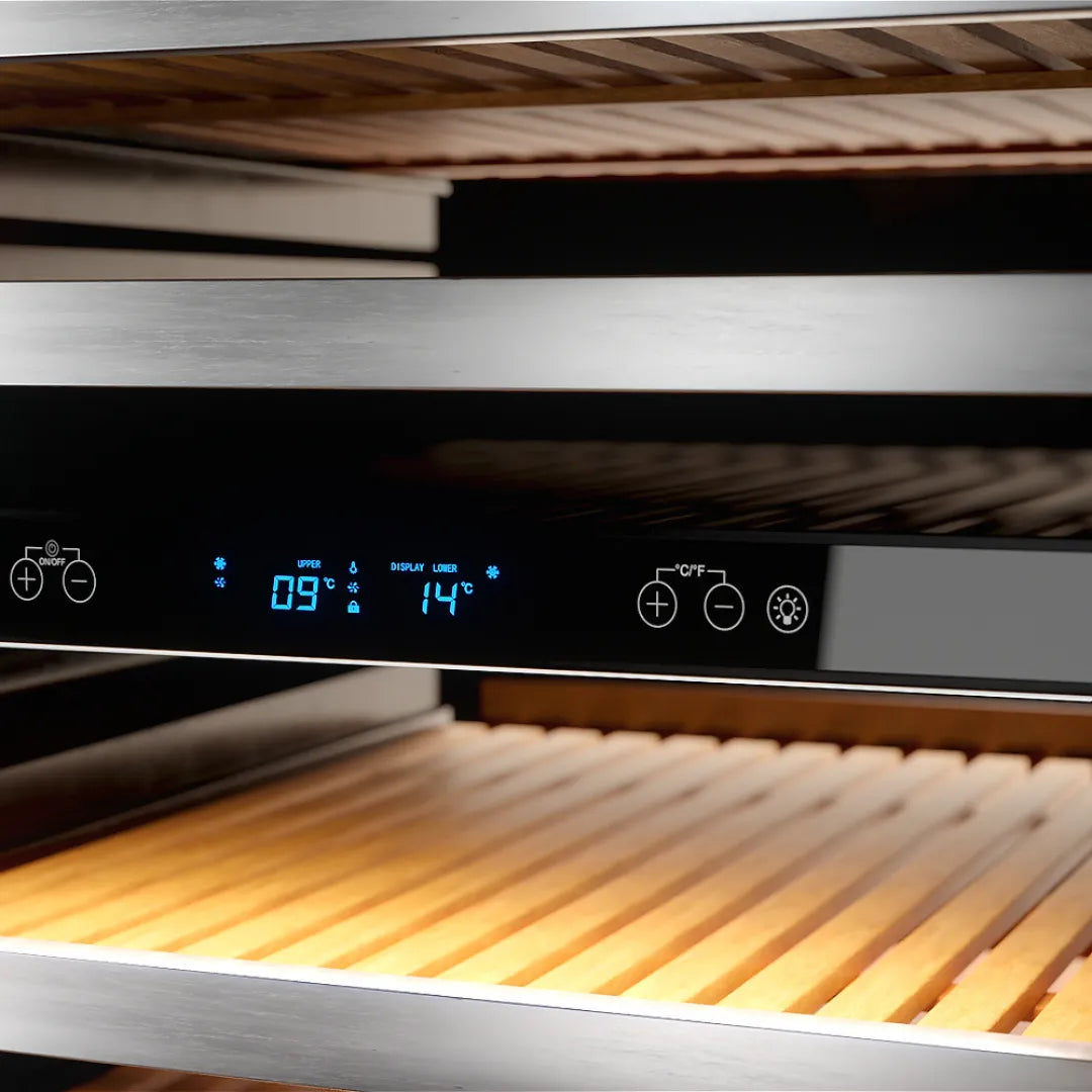 Cava para vino con capacidad de 99 botellas, iluminación LED y diseño elegante para conservar tus vinos a la temperatura ideal.