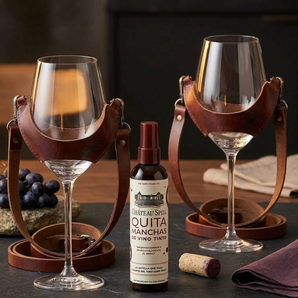 Pack regalo con 2 porta copas de cuero café y quitamanchas Chateau Spill