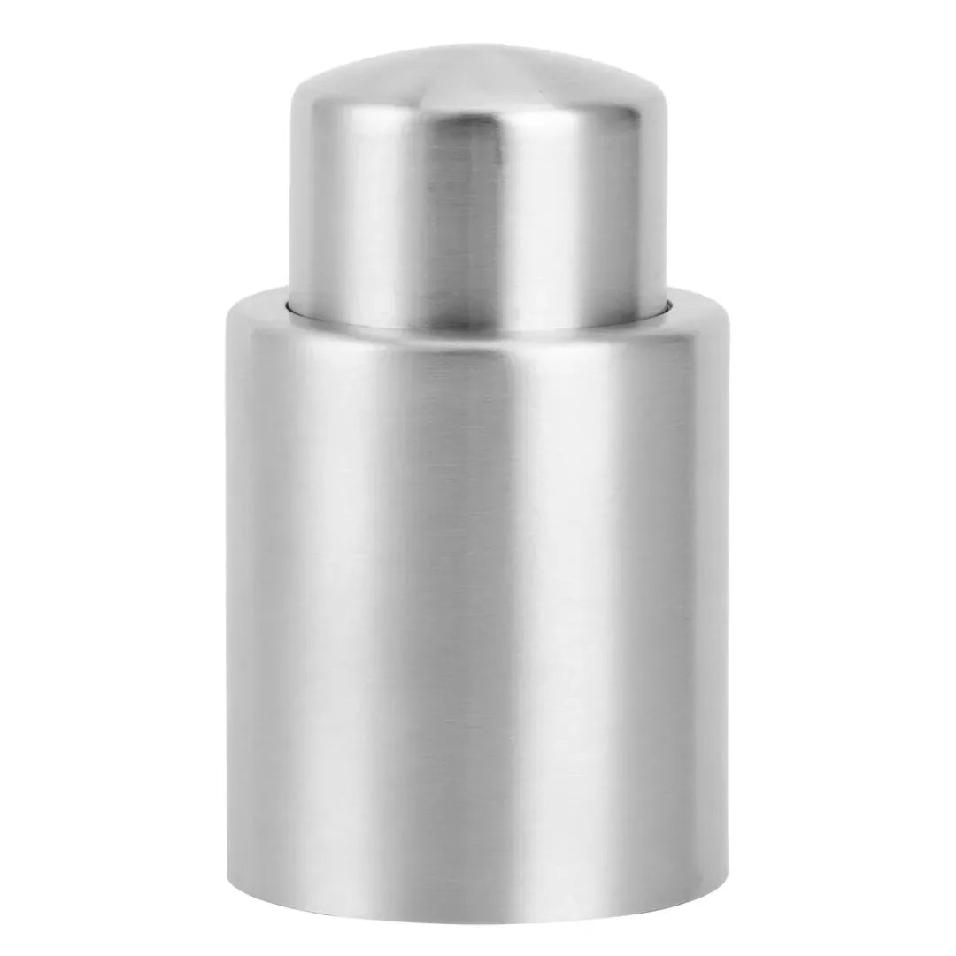Tapones de vacío para botellas de vino en acero inoxidable, ideales para conservar el aroma y sabor.