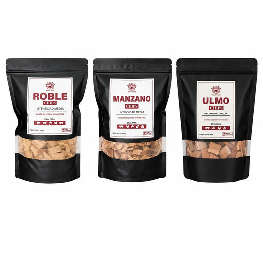 Pack de tres bolsas de chips de madera para ahumar roble, manzano y ulmo Wine Tree