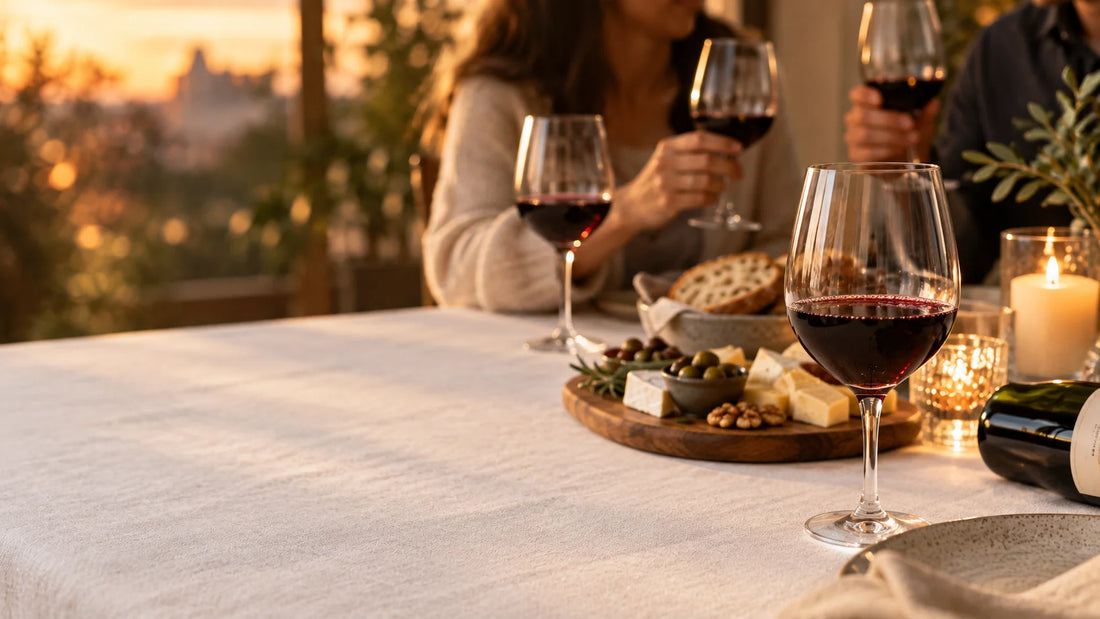 Copas de vino tinto sobre un mantel blanco sin manchas en una cena al atardecer, con tabla de quesos, aceitunas y velas