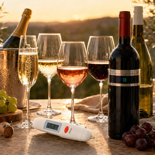Copas de vino espumante, blanco, rosado y tinto junto a un termómetro infrarrojo y un termómetro de anillo para controlar la temperatura del vino.