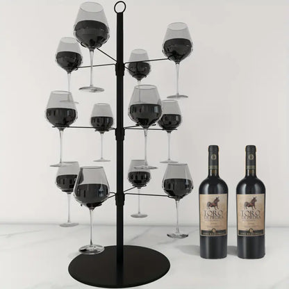 Árbol organizador de copas en color negro con espacio para botellas de vino, capacidad para 12 copas, diseño funcional y elegante.