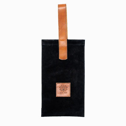 Bolsa de cuero negro para botellas de vino con un diseño clásico y minimalista, perfecta para eventos especiales.