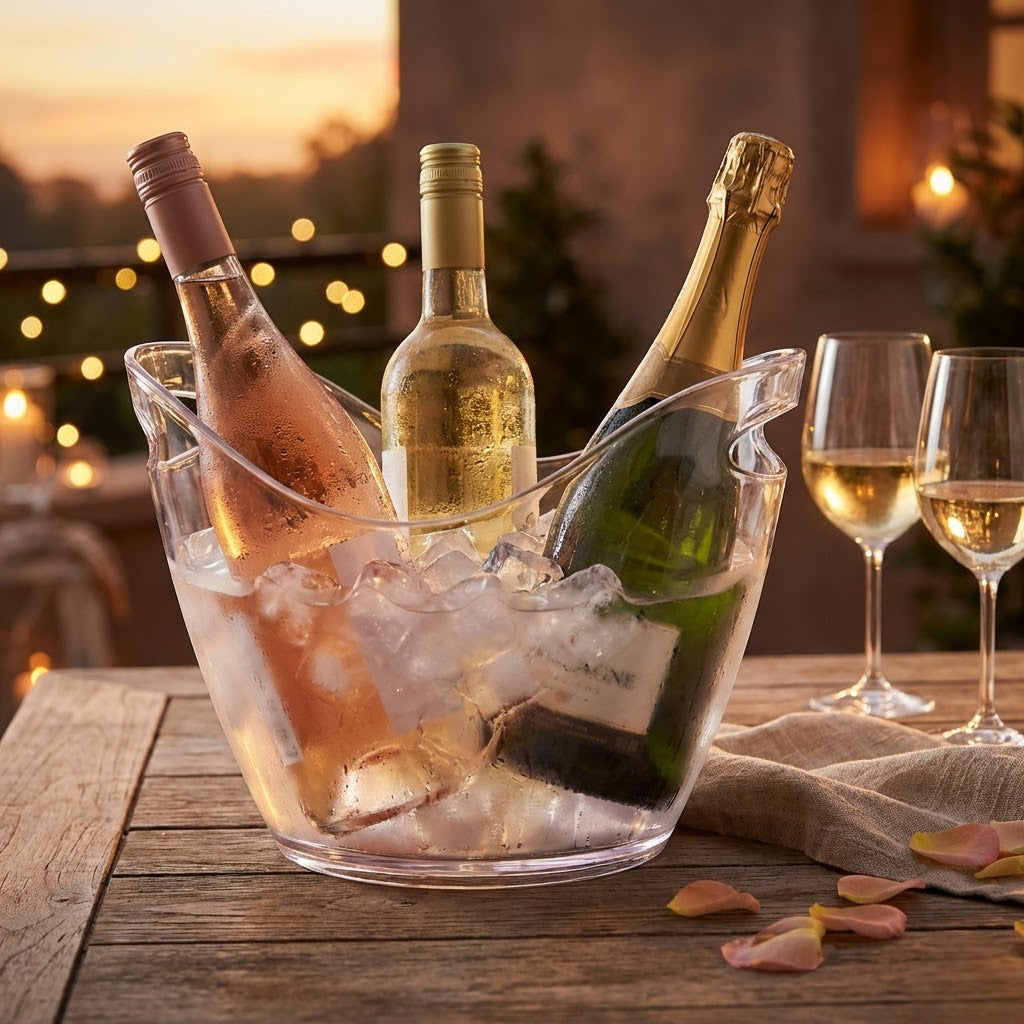Cubitera ovalada transparente de 3 litros con dos mangos, perfecta para enfriar botellas de vino y champagne en reuniones.