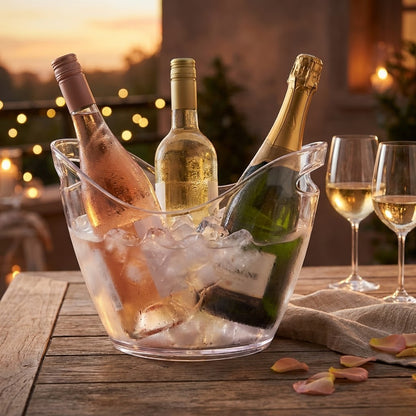 Cubitera ovalada transparente de 3 litros con dos mangos, perfecta para enfriar botellas de vino y champagne en reuniones.