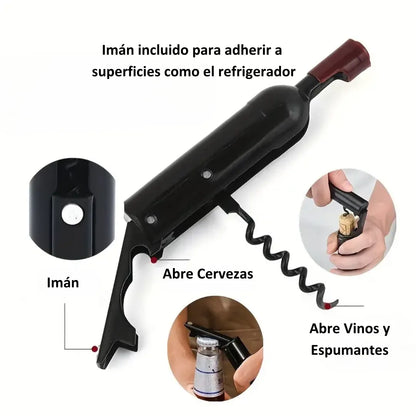 Descorchador magnético en forma de botella, multifuncional con abridor de latas y sacacorchos integrado.