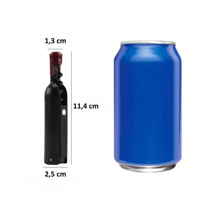 Descorchador multiusos con diseño de botella, funcional como abridor de vino y cerveza con imán incorporado.