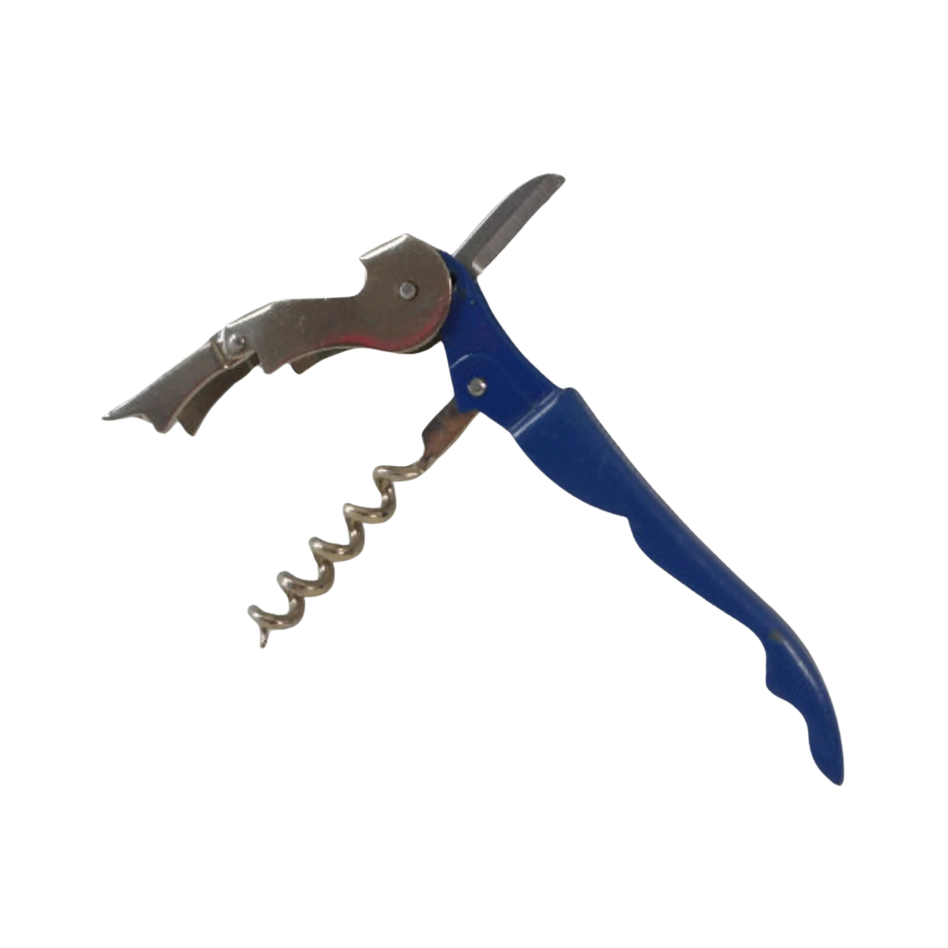 Descorchador de sommelier en acero inoxidable, modelo azul con sistema de doble apoyo para extraer corchos sin esfuerzo.