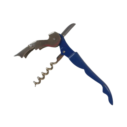 Descorchador de sommelier en acero inoxidable, modelo azul con sistema de doble apoyo para extraer corchos sin esfuerzo.